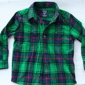 GREEN FALL FLANNEL BUTTON DOWN SHIRT PLAID BOYS 4 5 XS WARM AUTUMN LAYERING TOP